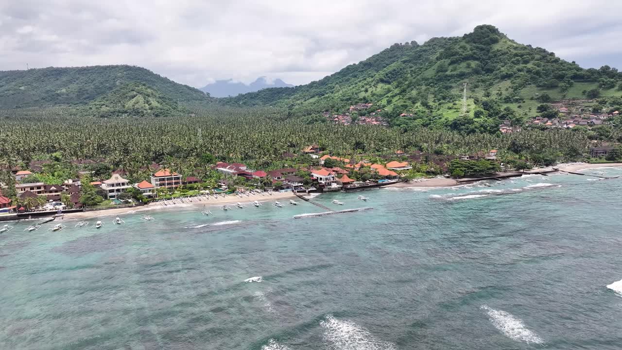 Candidasa Beach aerial wide of tropical landscape and seaside. Bali, Indonesia