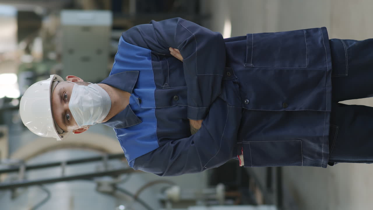 制服とフェイスマスクを着用した工場労働者の縦長のポートレート