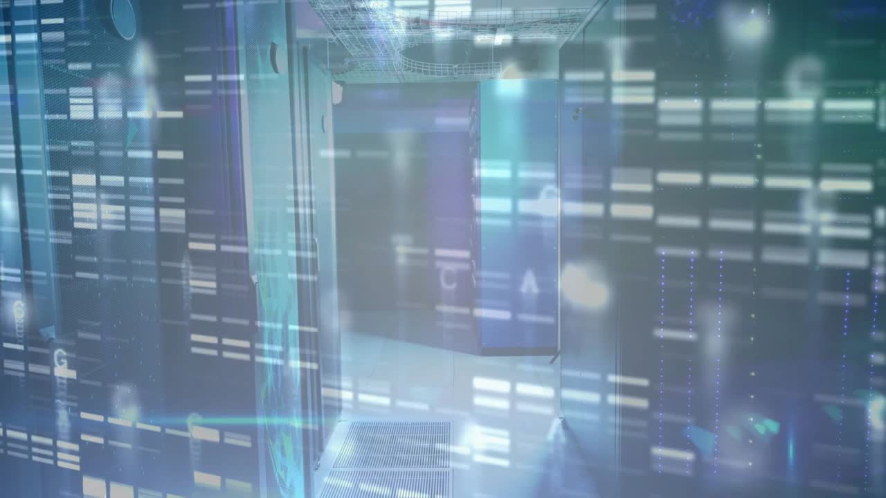 Starting with corridor view, server cabinets receiving scanning light bars showing digital overlay