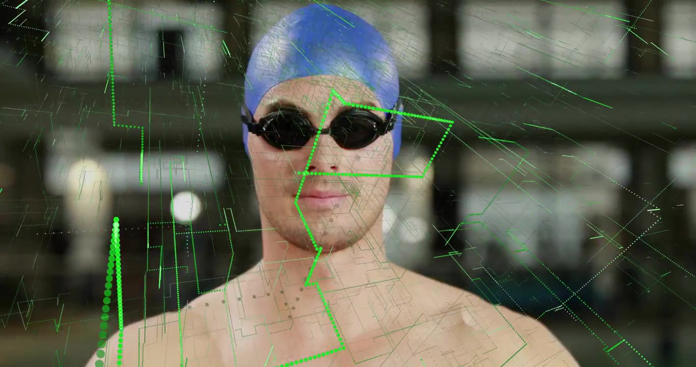 Raising arms to grab swim cap, male athlete pulling cap down, adjusting goggles for pool training