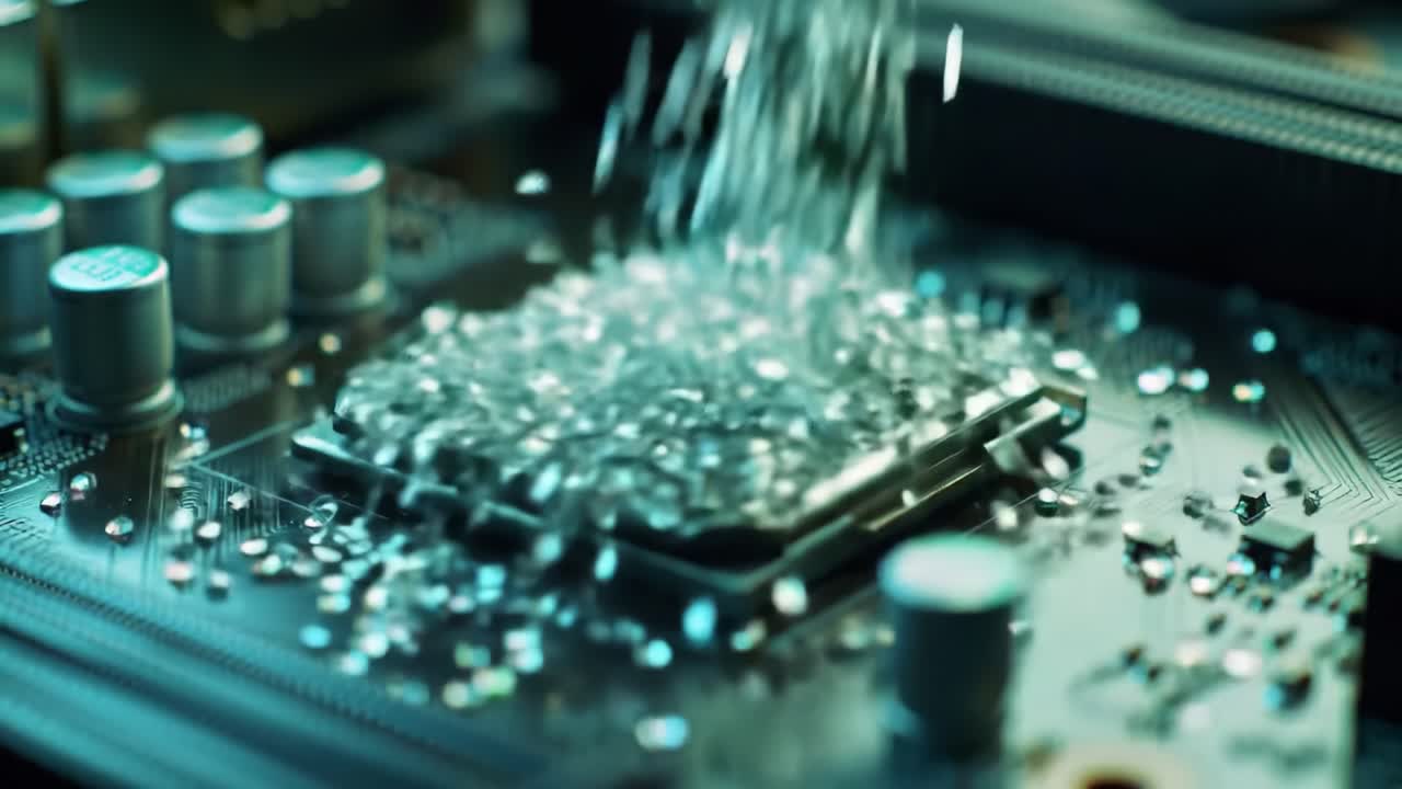 Close-Up Exploration of a Computer Motherboard: From Processor Socket to Glittering Particle Installation, Showcasing Technological Detailing and Innovation