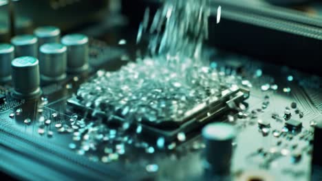 close-up exploration of a computer motherboard: from processor socket to glittering particle installation, showcasing technological detailing and innovation