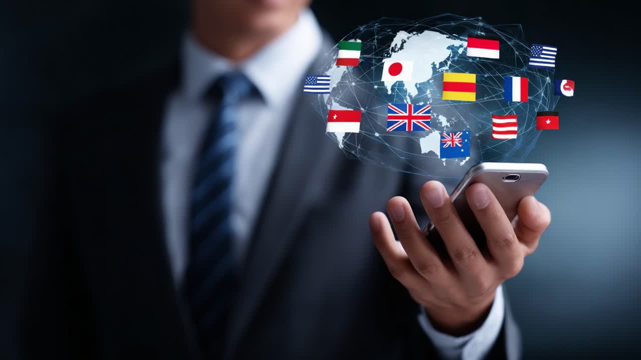 A Businessman Holding a Smartphone Displays a Globe with International Flags, Symbolizing Global Connectivity and Communication in Today's Digital Landscape