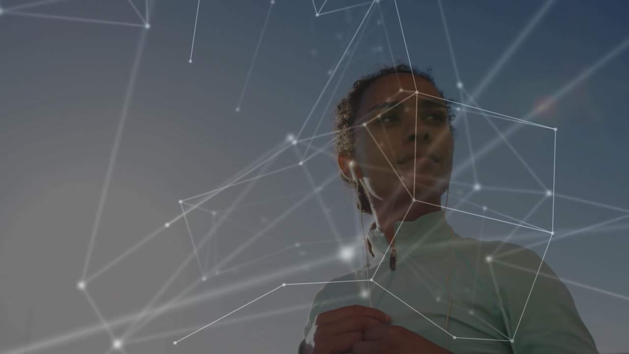 Woman fitting red earbuds and zipping jacket while activating glowing network overlay for workout