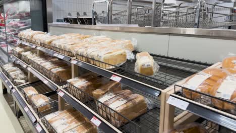 various bread types displayed on supermarket shelves