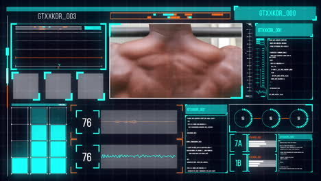 animation of sports data processing african american man exercising on black background