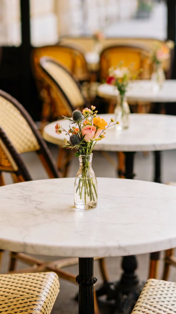 Vertical video: Nudging camera shifting up and zooming to bud vase on marble table showing bouquet