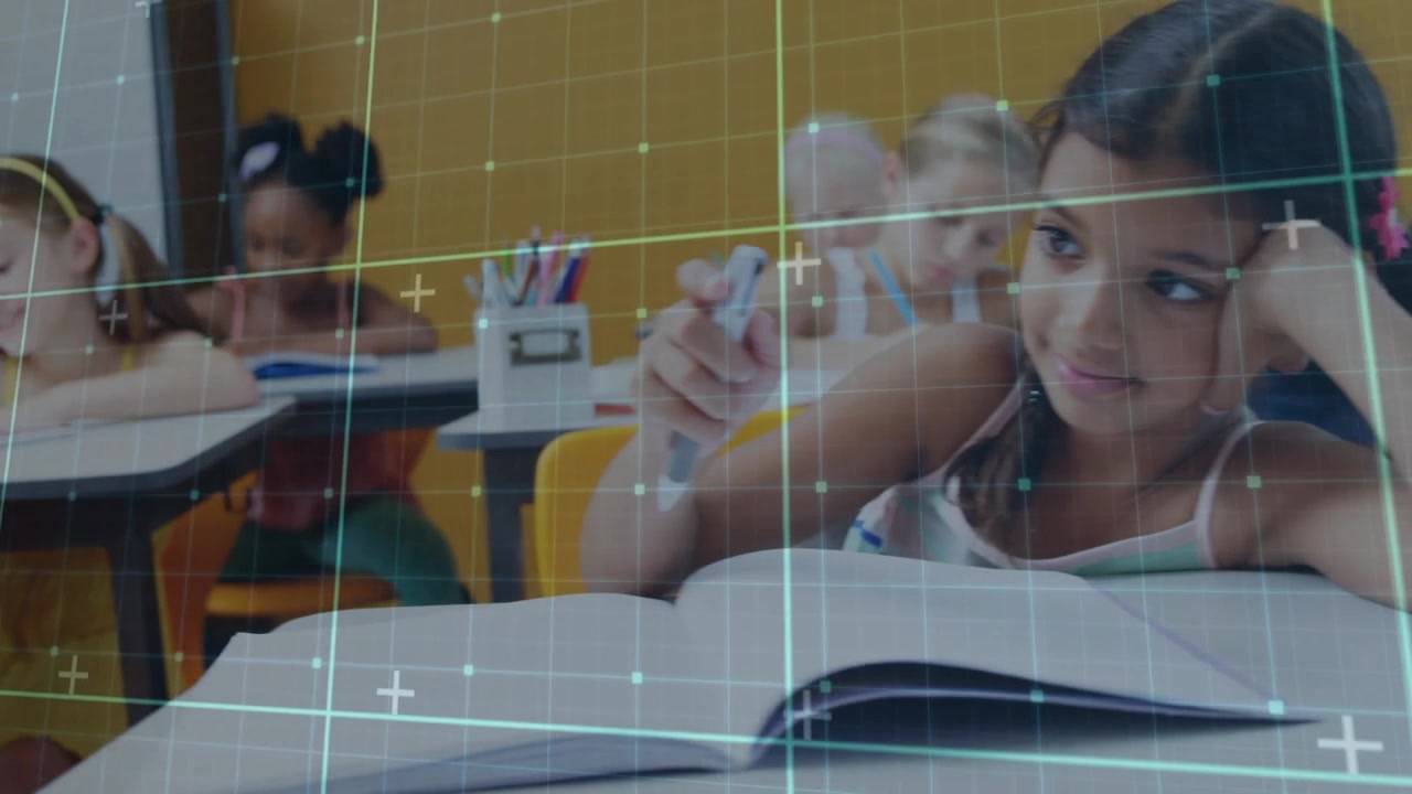 Student writing and reaching jar showing grid overlay and revealing students then girl flipping pen
