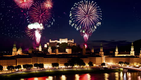 fireworks over salzburg castle at night