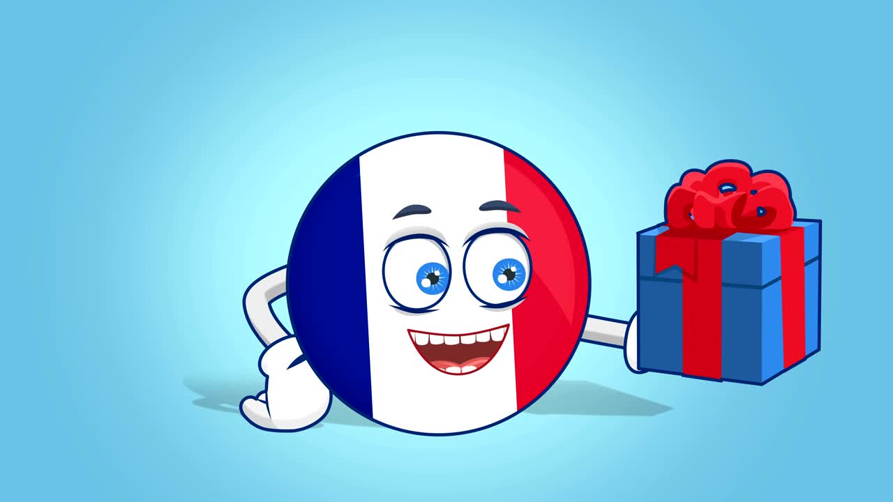 Icona Cartone Animato Bandiera Francia Scatola Regalo in Mano con Animazione Facciale e Maschera Alfa