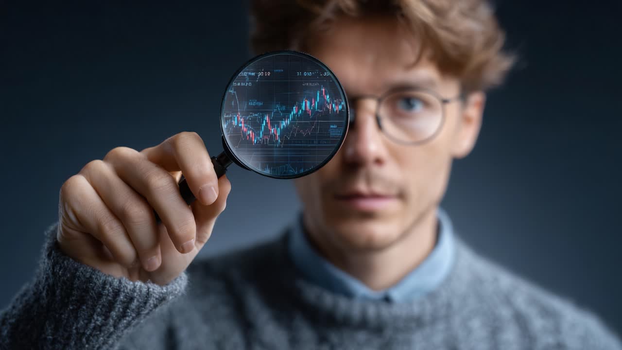 A focused individual analyzing financial data through a magnifying glass, emphasizing the importance of detail in market trends and analytics for informed decision-making