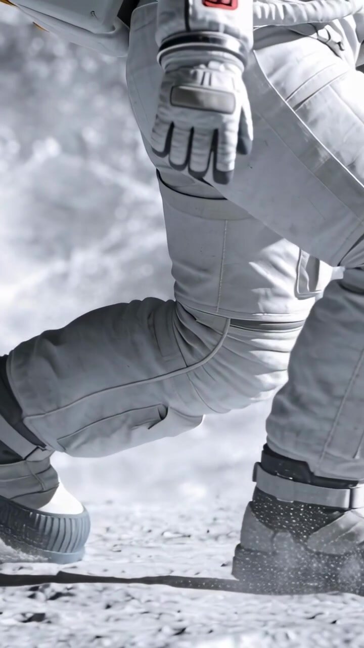 Vertical video: Knee lifting suited astronaut exploring moon plain, tether boots kicking dust