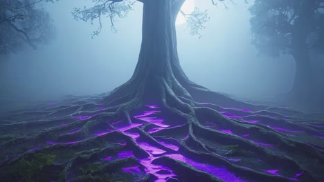 mystical forest with glowing purple roots