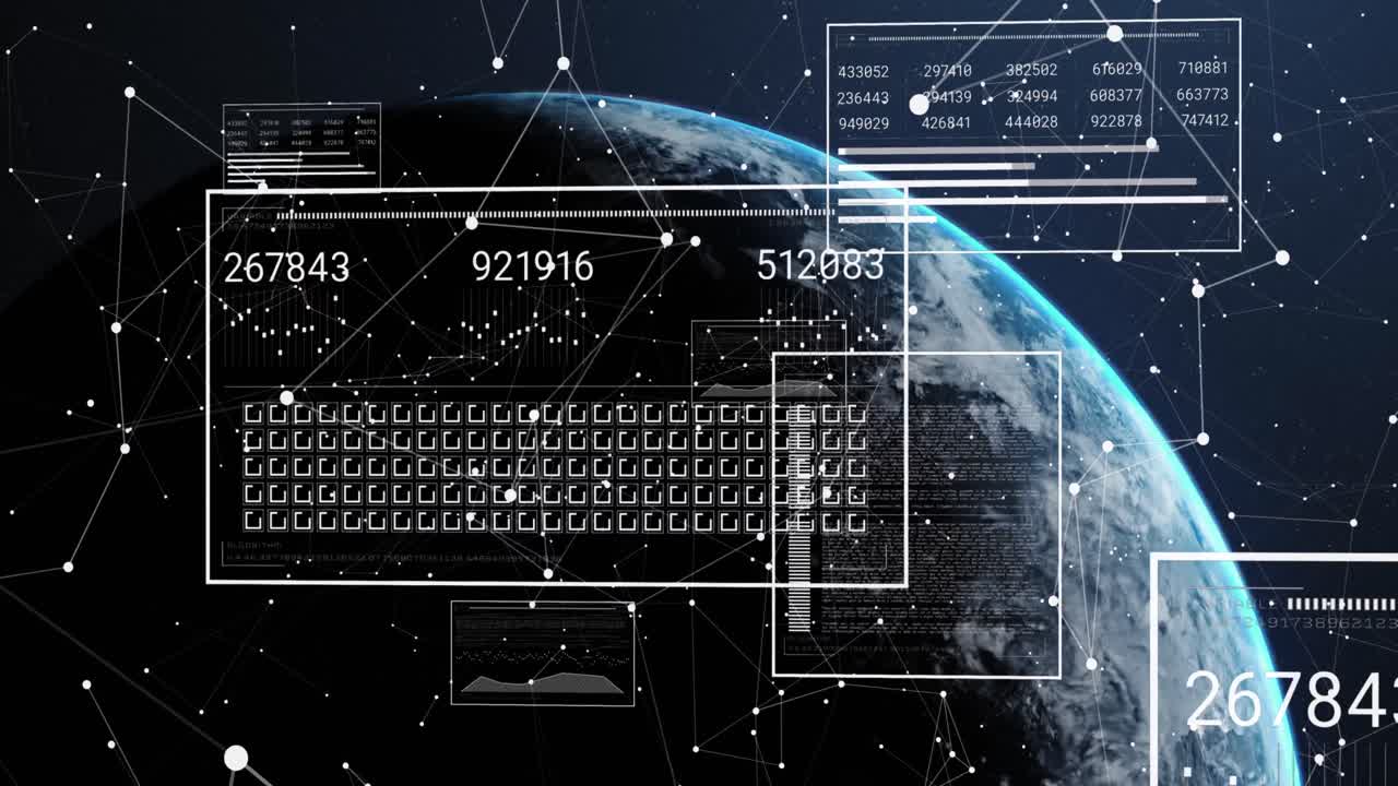 animación de la interfaz con el procesamiento de datos y la red de conexiones contra el globo giratorio