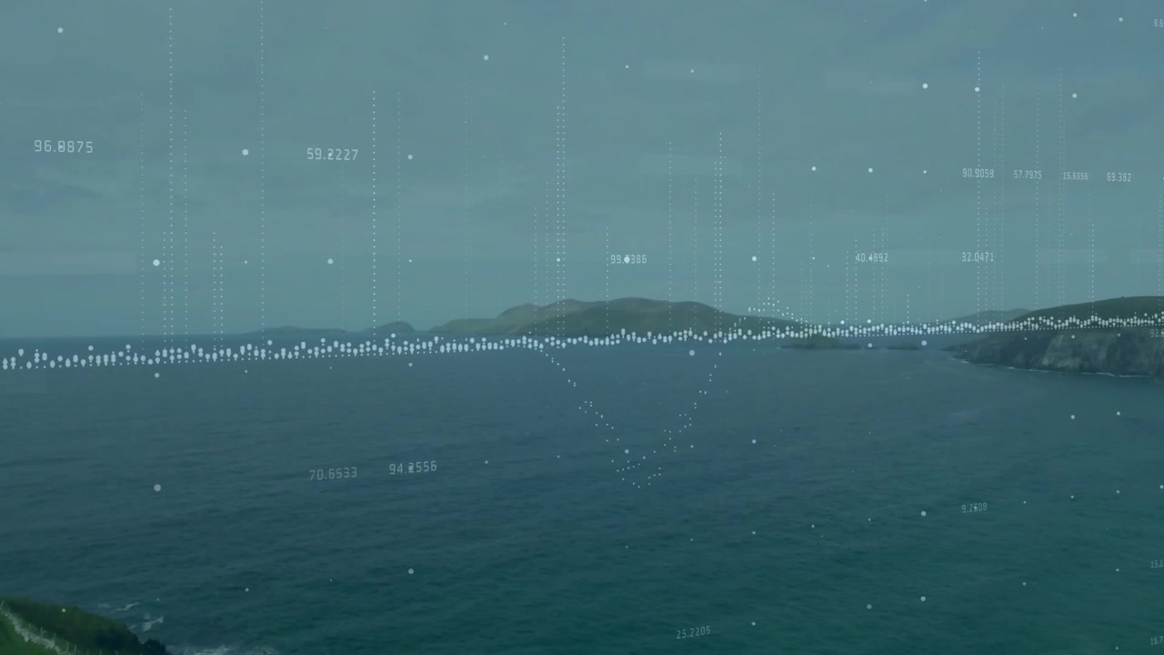 on opening overlay animating waveform and fluctuating bars visualizing live signal over seascape