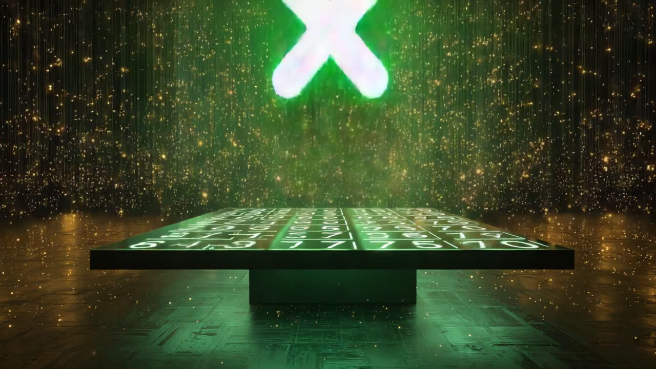 Luminous green cross symbol glowing on a futuristic digital table with a background of falling golden data particles, symbolizing technology, deletion, or incorrect choice in a digital environment