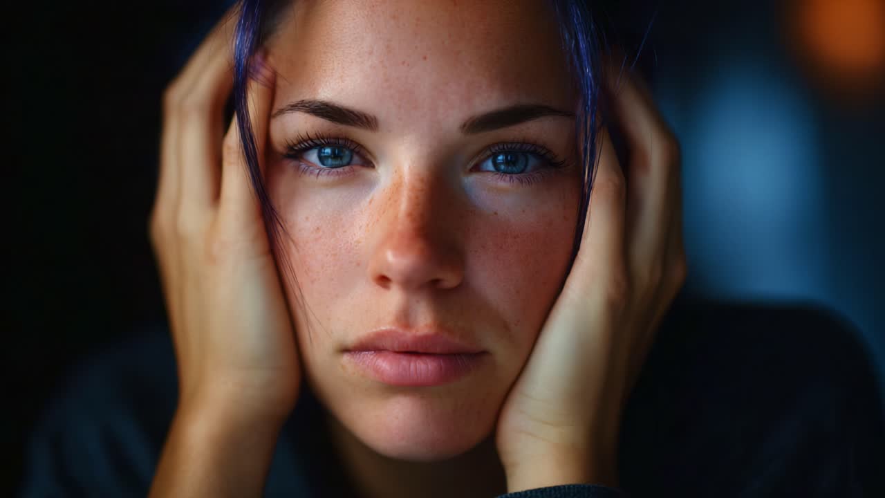 Intense Portrait of a Pensive Young Woman with Dark Hair and Expressive Blue Eyes, Showing Deep Thought and Emotional Reflection in Soft Lighting