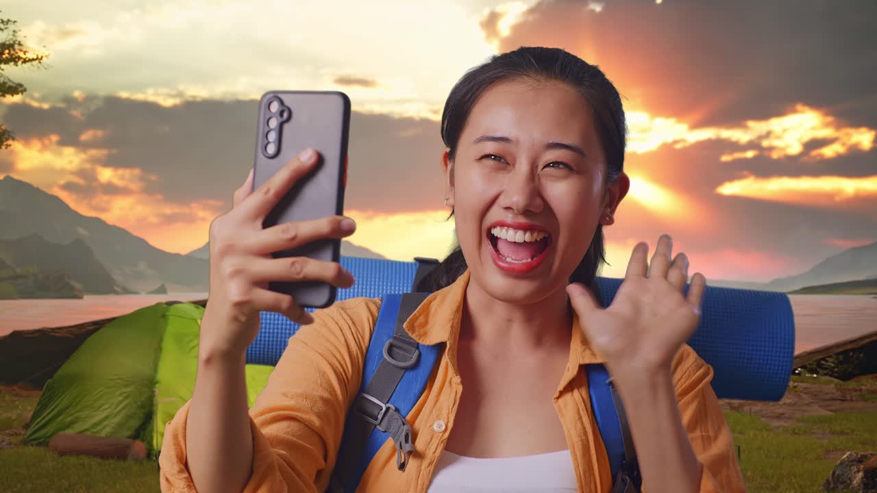 Happy Woman Taking Selfie While Camping