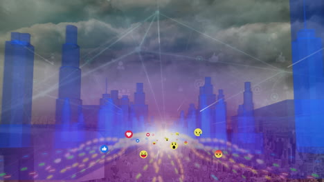 animation of emoticons over connected dots and modern building against dense clouds