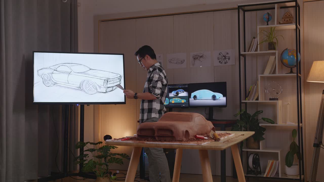 un diseñador automotriz asiático compara su diseño con la foto en la televisión mientras trabaja en el estudio con la escultura de arcilla de automóviles