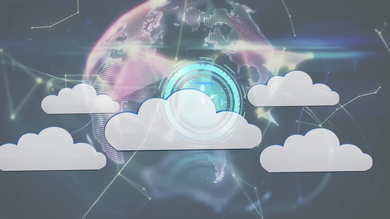 animación de reloj moviéndose rápidamente sobre el globo, nubes digitales y red de conexiones