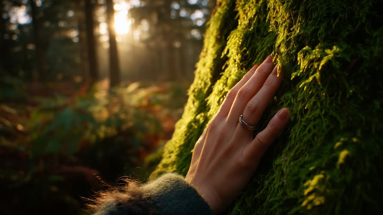 Embracing Nature: A Hand Gently Touches a Lush, Green Moss-Covered Tree Trunk in a Sunlit Forest, Highlighting the Serene Beauty of the Outdoors and the Connection Between Humans and Nature