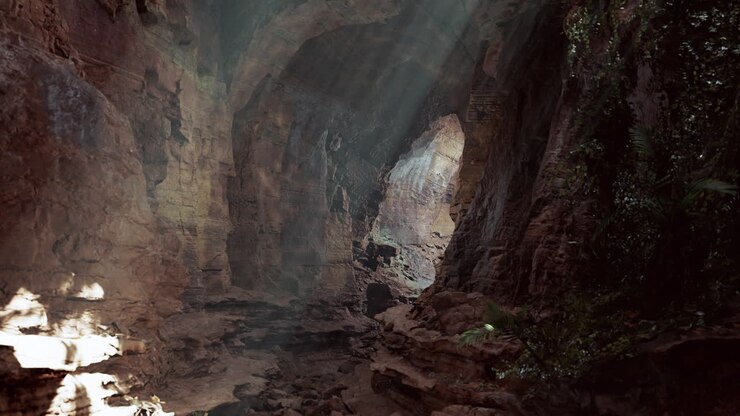 Sunlight shines through a dark cave in the mountains