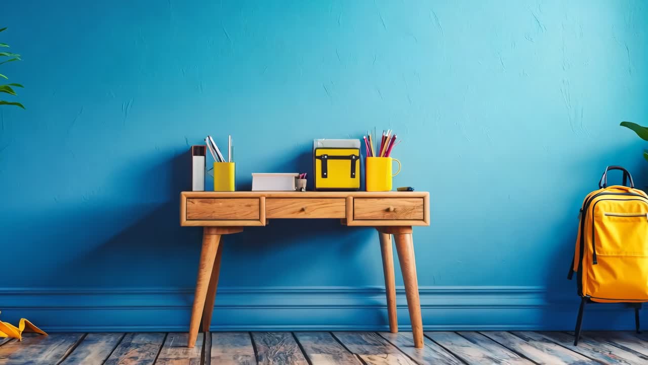 A yellow backpack sitting on top of a wooden desk next to a plant