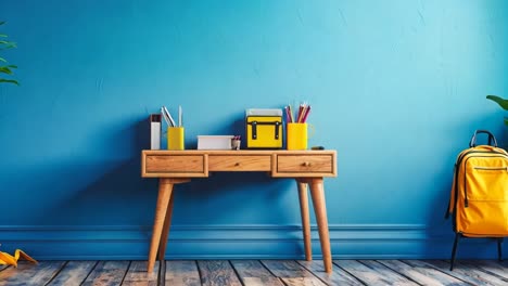 a yellow backpack sitting on top of a wooden desk next to a plant