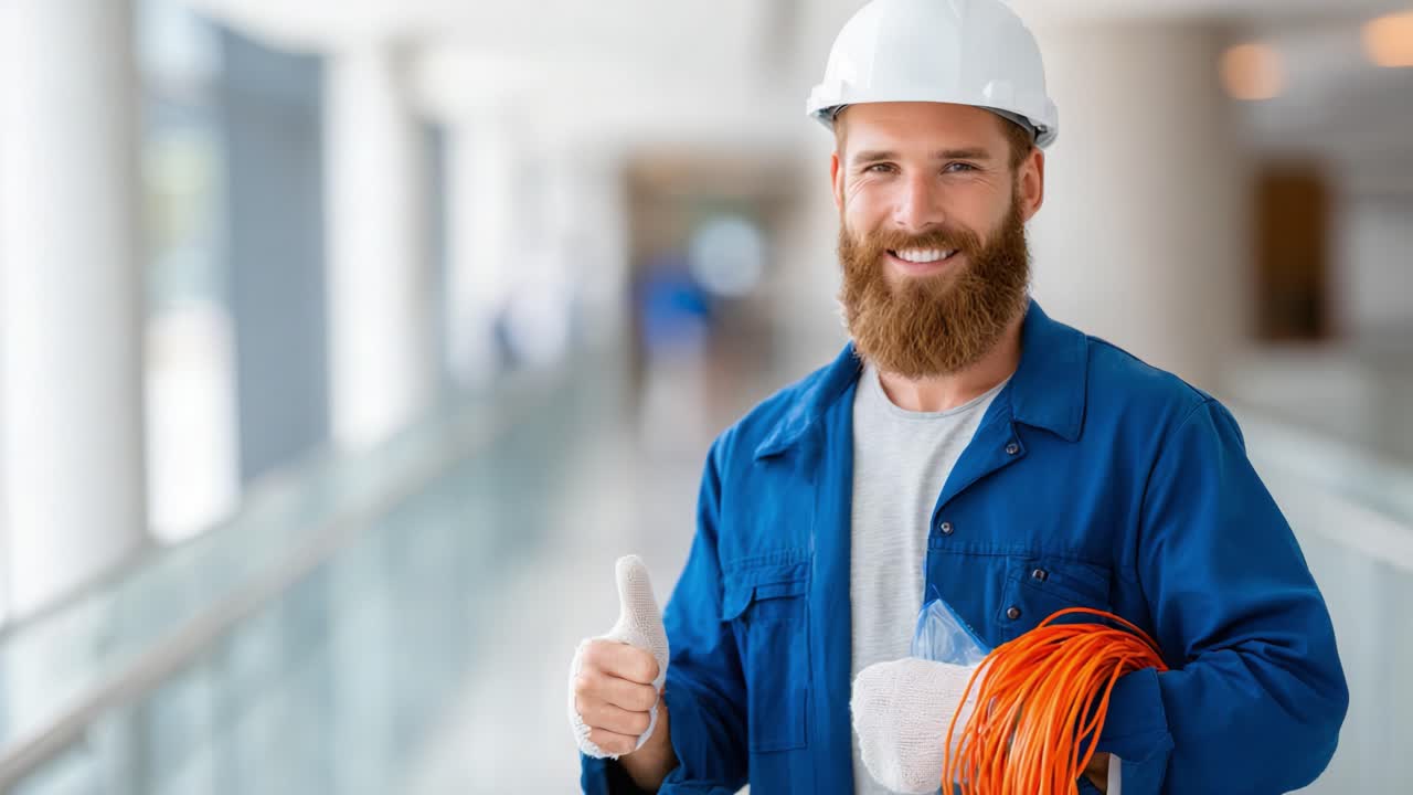 A confident construction worker demonstrating expertise with tools and electric wiring while showcasing a positive attitude in a modern work environment