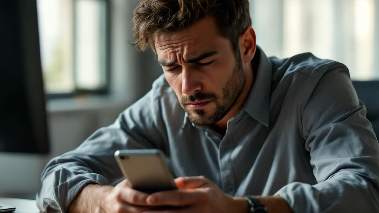Homem preocupado com camisa cinza está focado em seu smartphone enquanto sentado em uma mesa de madeira em um escritório moderno, com luz natural iluminando o espaço de trabalho e criando uma atmosfera pensativa