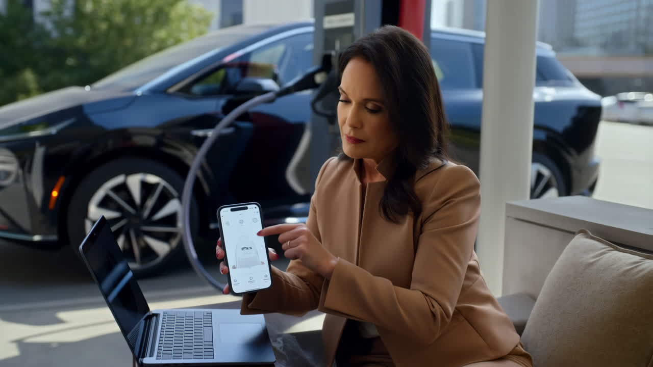 Woman Engaged with Phone and Laptop While Electric Vehicle Charges