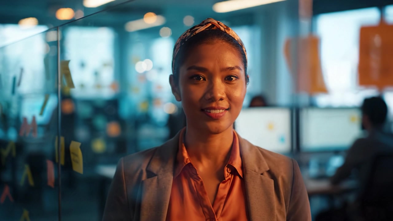 Donna professionista concentrata in un ambiente d'ufficio, che interagisce con vetro trasparente e Post-it mentre collabora con il team in un ambiente contemporaneo