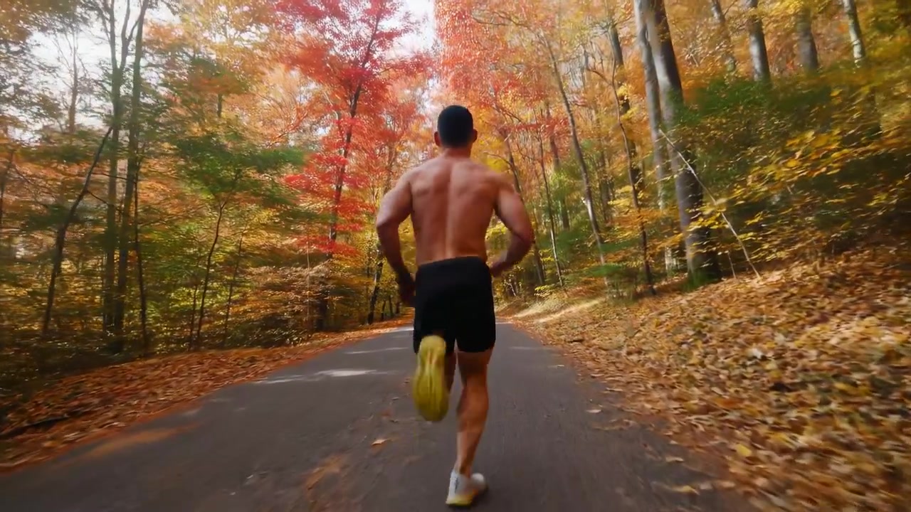 Rear view follows a male runner progressing down a quiet forest road, with steady stride, warm red and gold leaves, tall trees, and soft daylight creating seasonal outdoor fitness context.