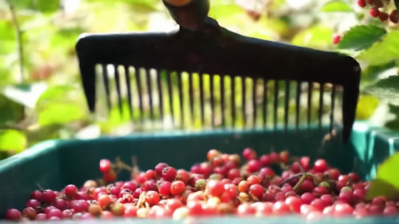 Harvesting Berries with Precision: A Close-Up on Raking Techniques for Efficient Berry Collection in Luscious Greenery