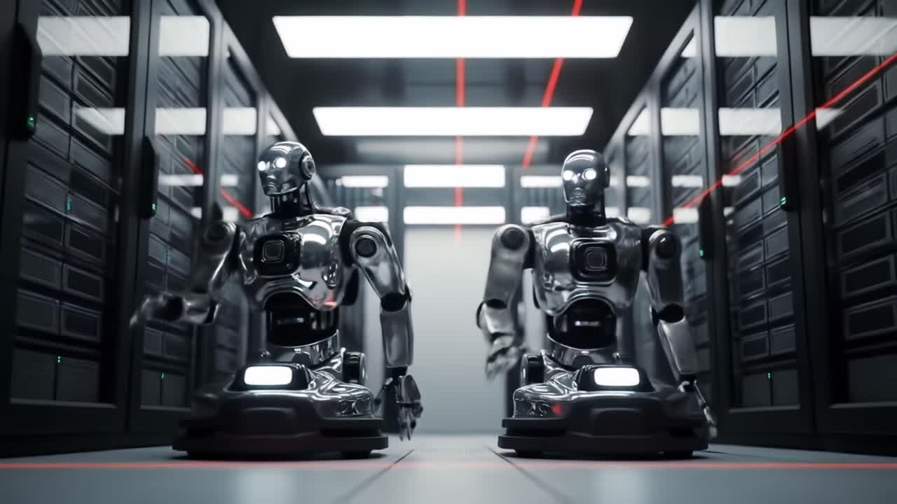 Futuristic Robotic Sentinels Maneuvering Through a High-Tech Data Center, Engaged in Precise Operations Under Luxurious LED Lighting, Showcasing Advanced AI Capabilities