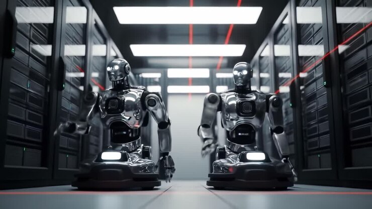 Futuristic Robotic Sentinels Maneuvering Through a High-Tech Data Center, Engaged in Precise Operations Under Luxurious LED Lighting, Showcasing Advanced AI Capabilities
