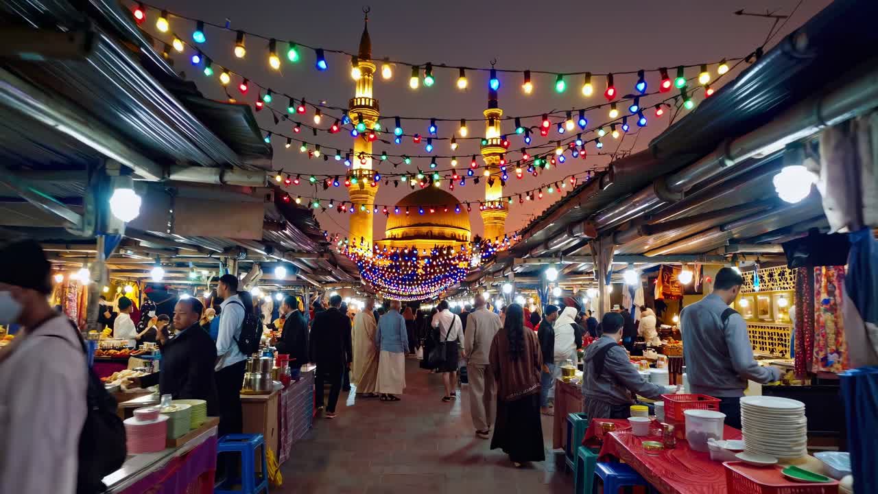 Illuminated night market bustling with people buying street food during Ramadan, colorful string lights creating festive atmosphere with mosque silhouetted in background