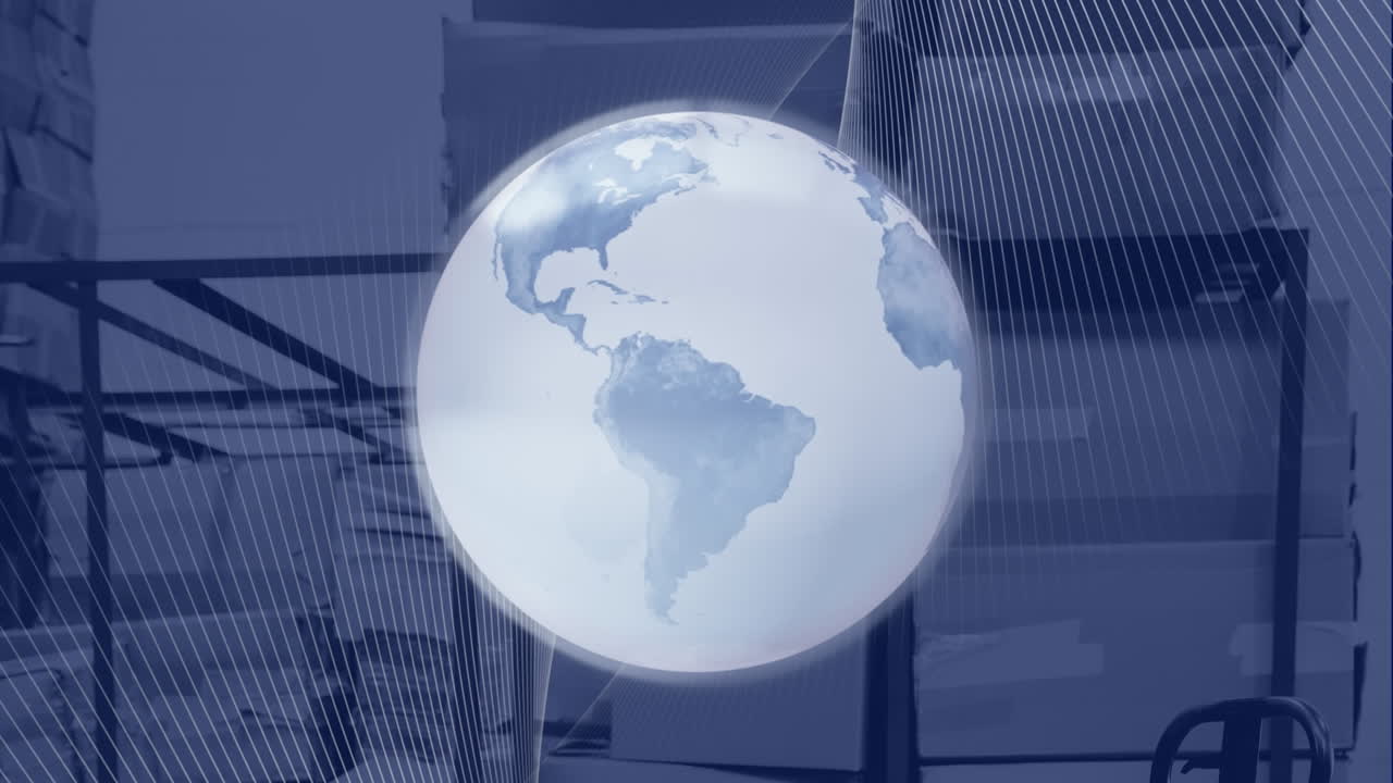 animación de un globo giratorio contra una pila de cajas en un almacén