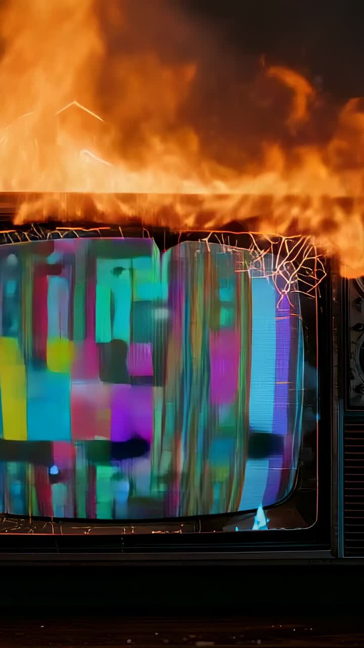 Vertical video: CRT TV sparking crack and igniting flames across pattern in dark room, with smoke