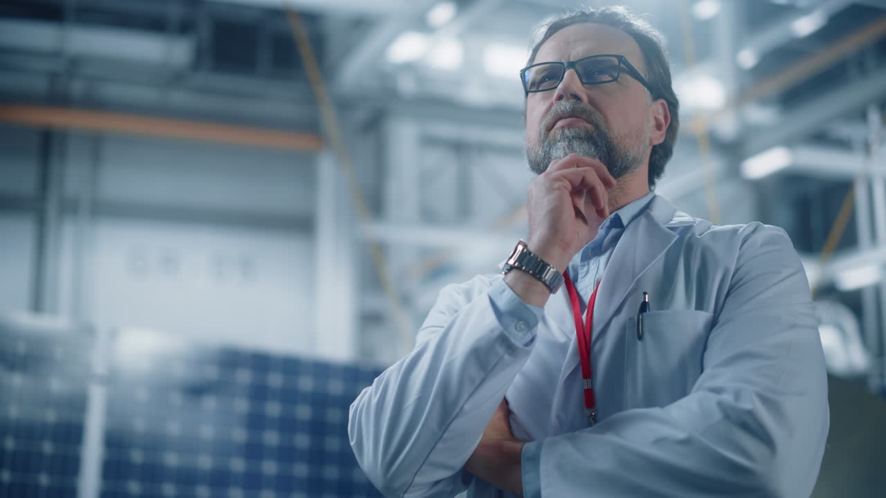 Portrait of Mature Male Engineer Confident and Focused Thinking, working at Aerospace Satellite Manufacturing Facility. Top World Scientists Doing Science and Technology Research in Space Program