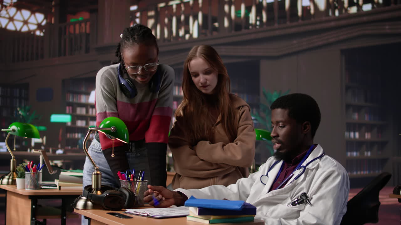 Vertical video multiethnic group of students in a library participate at a lesson with doctor
