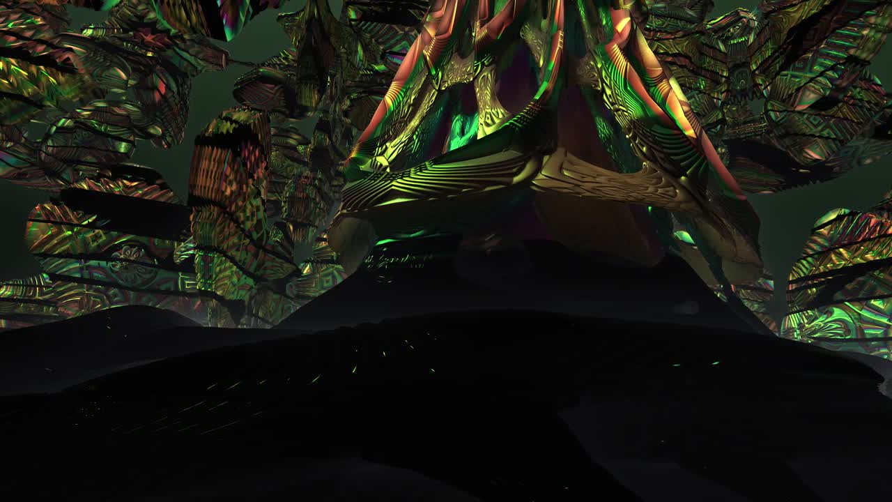 A mesmerizing green and gold fractal universe filled with swirling geometric energy, glowing cosmic patterns, and intricate organic formations in endless motion