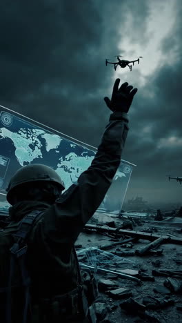 soldier commands drones with holographic world map in post-apocalyptic battlefield