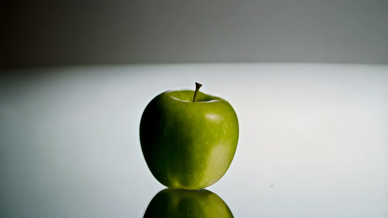Green Apple on a Reflective Surface