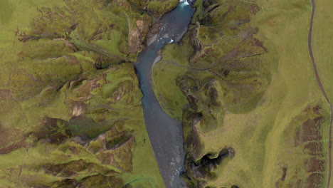 top down aerial view of fjadrargljufur canyon in iceland