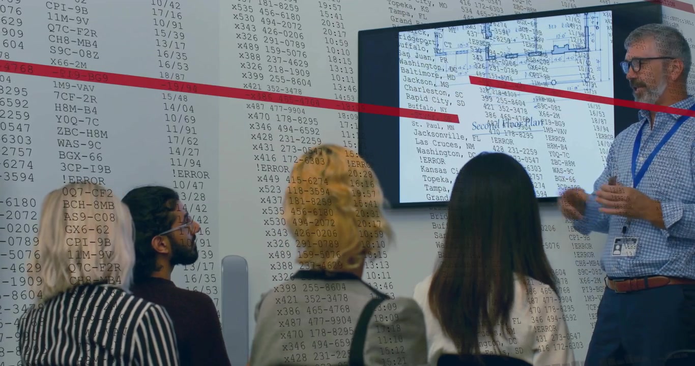Animazione dell'elaborazione dei dati finanziari su diversi uomini d'affari in ufficio