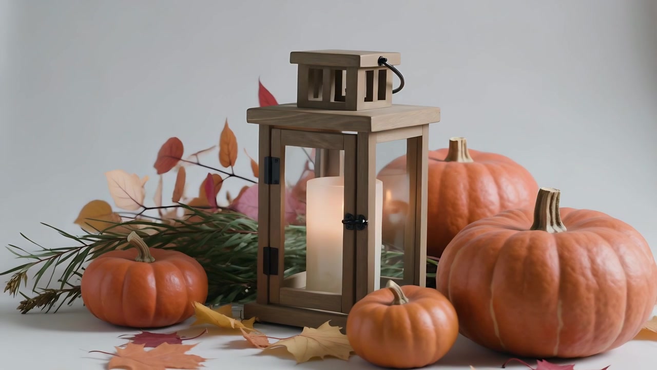 Shifting camera right revealing autumn table highlighting right pumpkin lantern lit candle leaves