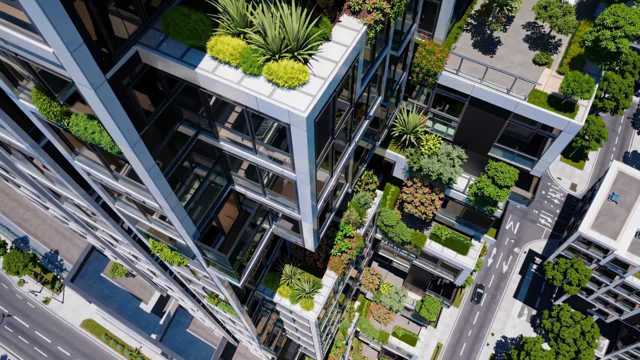 Vista aérea de arranha-céus modernos e ecológicos com vegetação exuberante nos terraços, exibindo um cenário urbano.