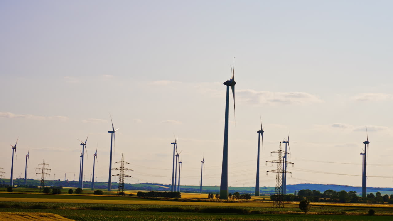 Wind turbines produce clean energy. Tall wind turbines spin in a rural landscape under a clear blue sky, highlighting sustainable energy